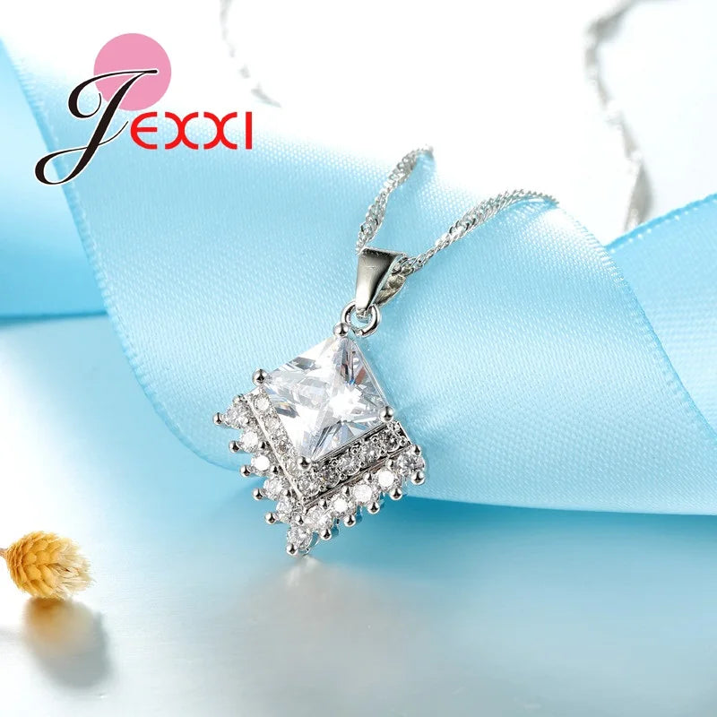 Freedom Love Clear White Crystal Anniversary Jewelry Set 1Pair Earrings 1pc Necklace Pendent High Quality Silver Color Sets