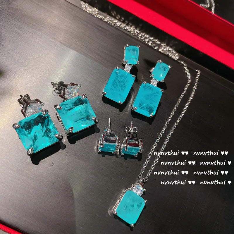 2024 Hot Sale New 925 Silver Stud Blue Paraiba Earrings Necklace Women's Wedding Fashion Jewelry Earrings Necklace Set Wedding