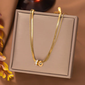 Stainless Steel Double Layer Clear Zircon Necklace for Women Kpop Minimalist Clavicle Chains 2023 Trendy Lucky Jewelry Gift
