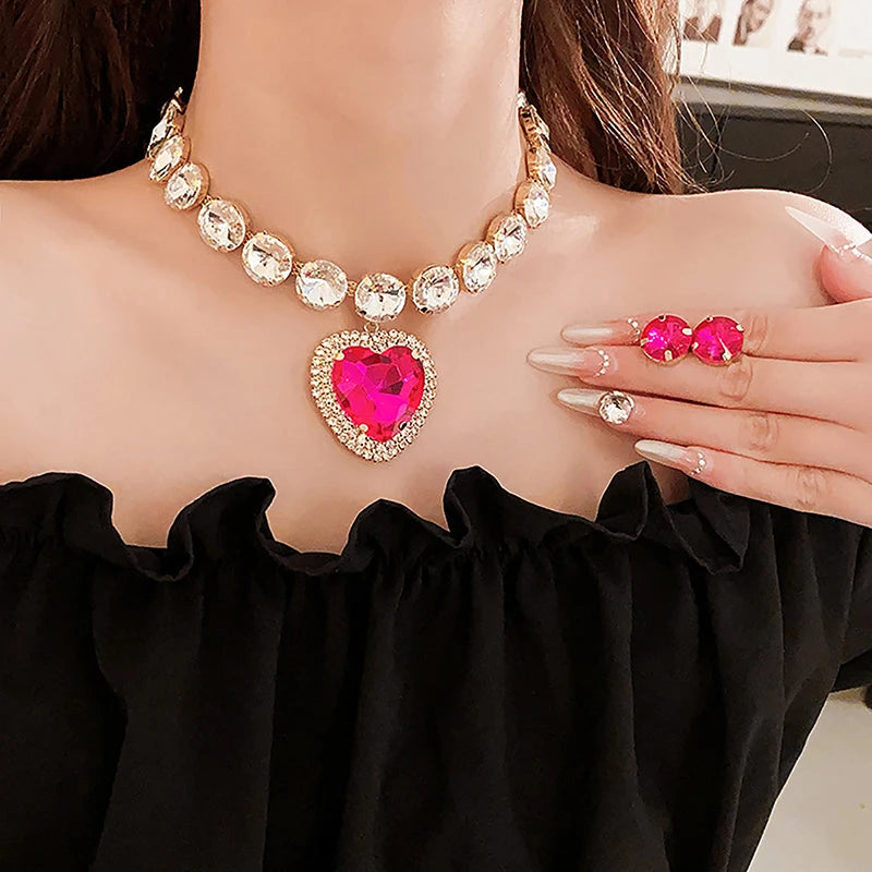 1 pcs rhinestone heart pendant necklace set exaggerated geometric earring light luxury temperament fashion women's jewelry sets