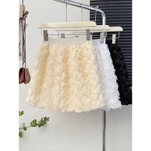 Korean Fashion 3D Flower Patchwork Short Skirts For Women Solid Color Elastic Waist A-line Skirt Summer 2024 Dropshipping