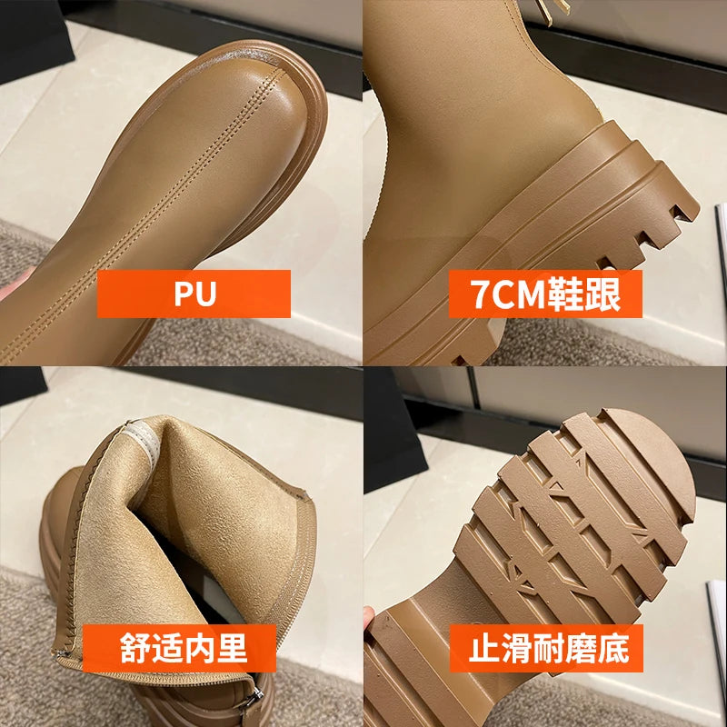 Round Toe Women's Rubber Boots Shoes Boots-Women Winter Footwear Flat Heel Chelsea Zipper Rain High Heel Autumn Ladies 2023 Loli