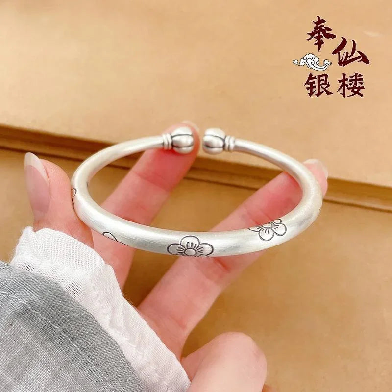 999 Sterling Silver Women's Bracelet, Chinoiserie Vintage Plum Blossom Opening Fashion Jewelry Gift Wholesale