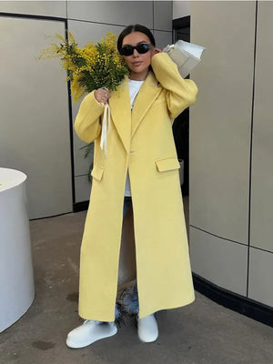 Elegant Lapel With Packet One Button Woolen Coat Women Fashion Yellow Long Sleeve Loose Overcoat 2024 Autumn Winter Lady Outwear