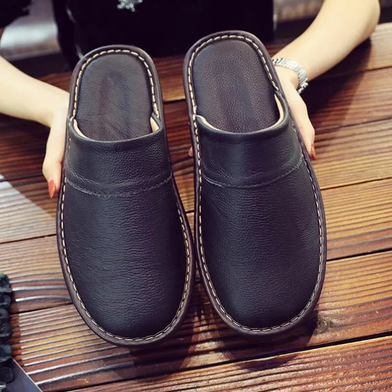 Spring Autumn Indoor Shoes Men's Woman Slippers Plus Size 35 46 Man Concise  brown Simple Leather Home Slippers For Men