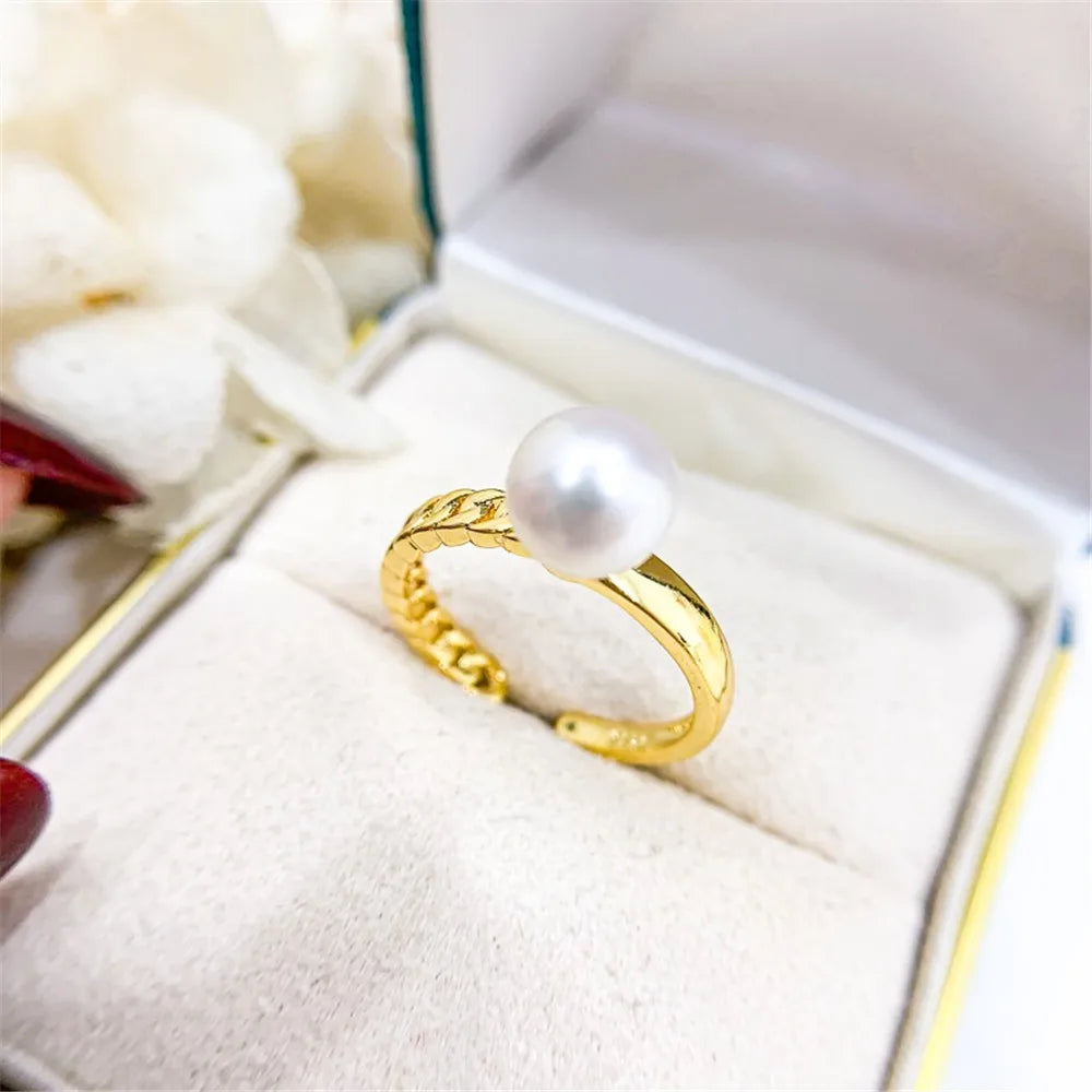 DIY Pearl Ring Accessories S925 Pure Silver Ring Empty Set K Gold Edition Ring Silver Set Fit 6-8mm Round Flat Beads Z093