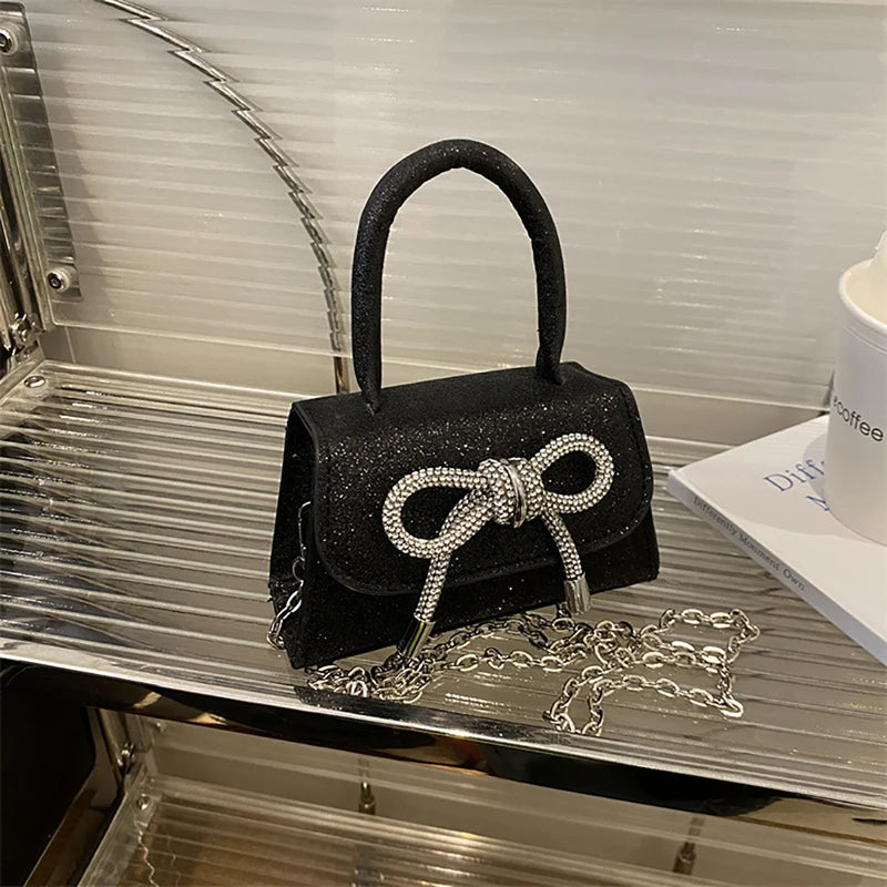 French Light Luxury Diamond Sparkling Mini Handbag Fashion Bowknot Design Chain Crossbody Bag Women's Summer New Night Club Bag