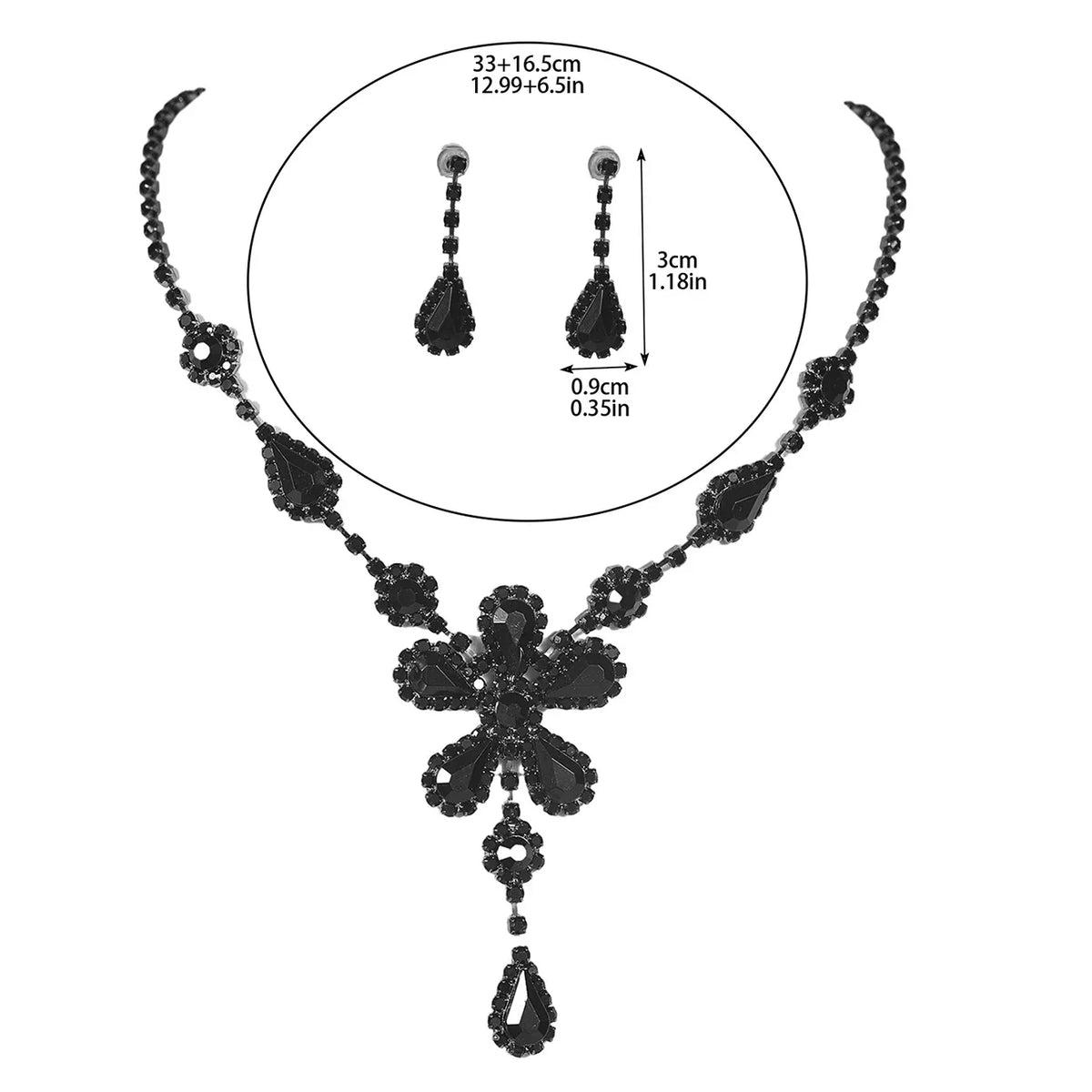 Flower design drop necklace earrings set black rhinestone tassel necklace earrings jewelry set for women wedding prom party gift