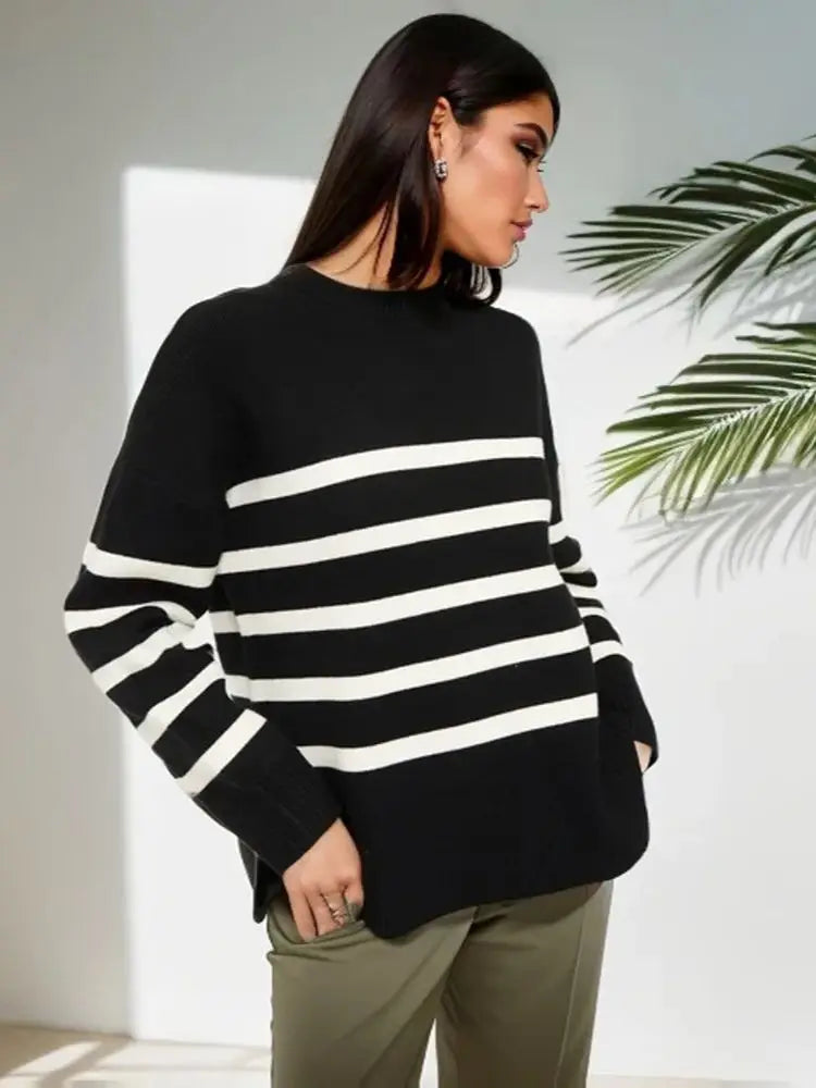 Ladies Striped Knitted Basic Thick Loose Winter Sweater Women Warm Pullover Tops Casual Streetwear Women Sweater Female Jumper