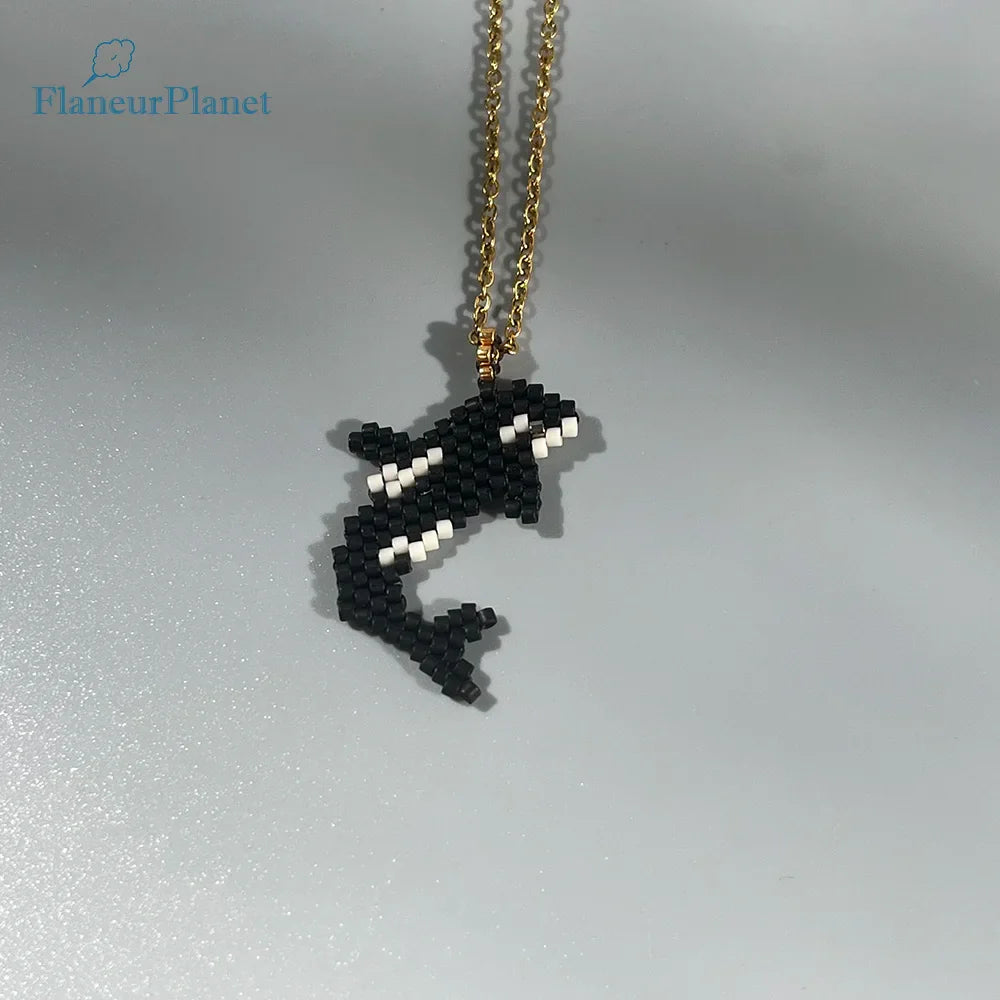 FlaneurPlanet Handmade Beaded Killer Whale Pendant Necklace Orca Necklace Ocean Jewlery