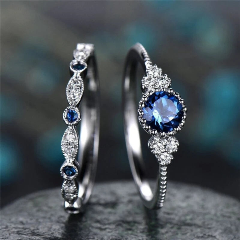 2Pcs/Set Classic Silver Color Ring Green Blue Round Cut Created Birthstone Delicate Slim Ring for Women Bride Wedding Jewlery