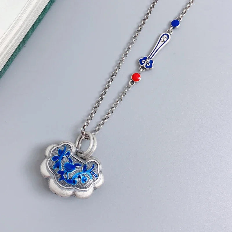 Original 925 Silver Faceted Blue Orchid Enamel Ruyi Necklace for Women Charms Exquisite Pendant Clavicle Chain Banquet Jewelry
