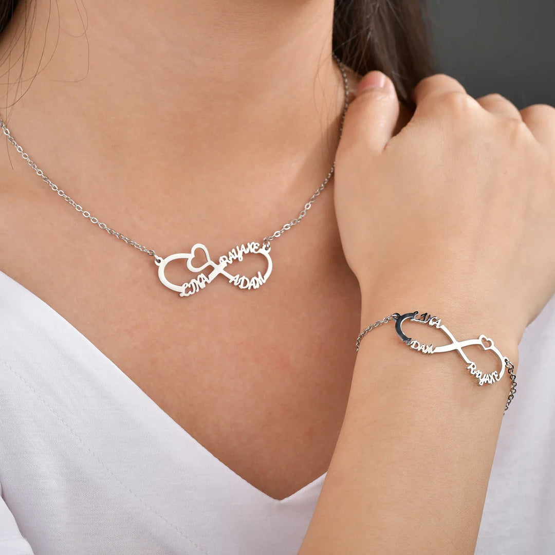 Custom Multiple Name Stainless Steel Necklace Personalize 8-Character Shape Bracelet＆Necklace Women‘s Set Jewelry Versatile Gift