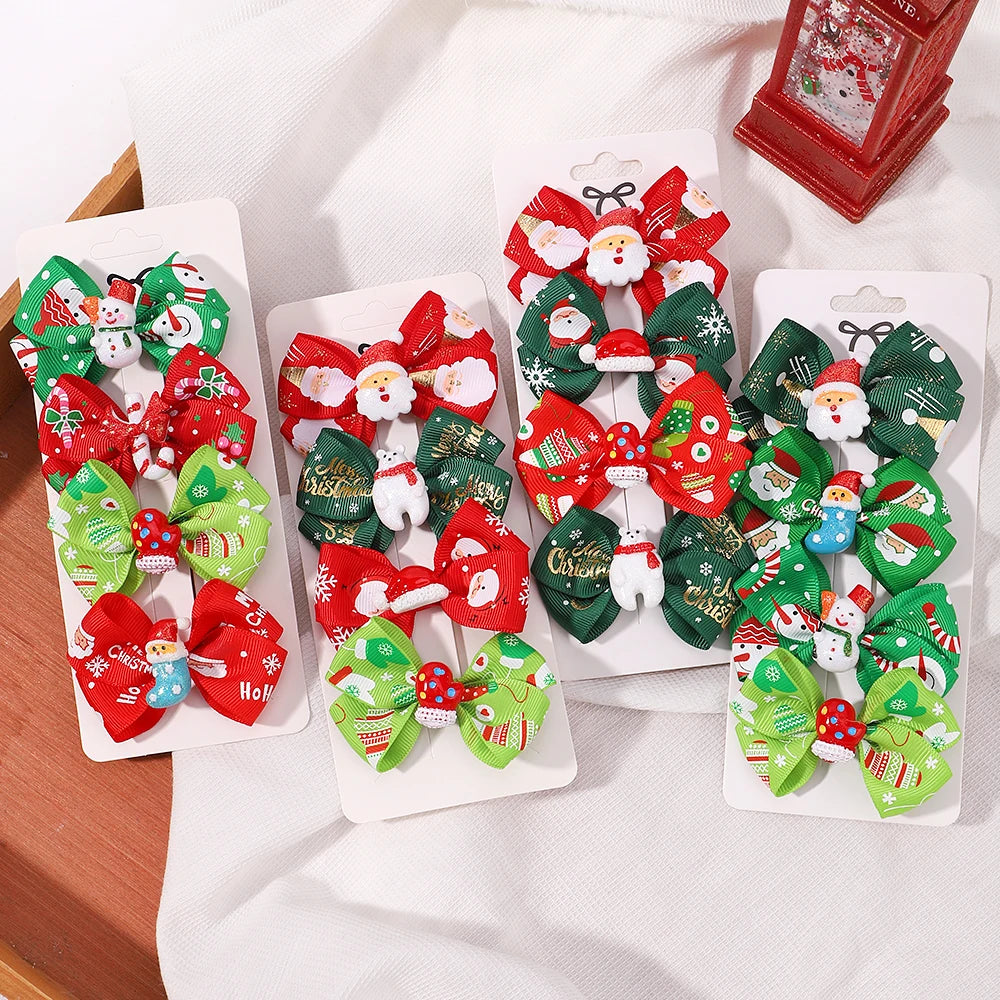 4Pcs/Set Baby Girls Christmas Snowman Bows Hair Clips for Kids Funny Ribbon Bowknot Hairpin Headwear Hair Accessories Gifts
