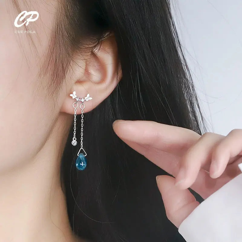 New Korean Silver Color Butterfly Blue Water Drop Tassel Earrings For Women Fashion Creative Light Luxury Elegance Party Jewelry