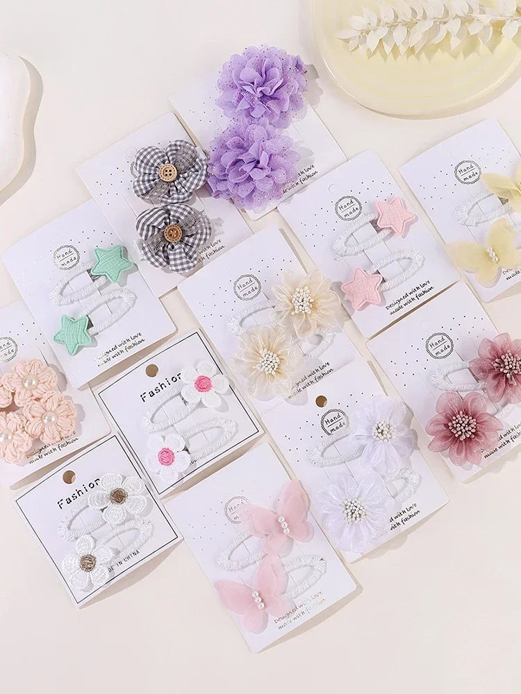 2pcs/set Girls Cute Flower Bow Star Solid Color Safe Nylon &knitting & Mesh Kids Hair Clips  Accessories Hairpins For Children