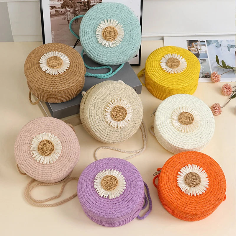 Round Flower Straw Bag Women Woven Beach Crossbody Bag for Ladies Shoulder Rattan Handmade Knitted Candy Color Handbag Bolsa