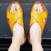 2023 Fashion Men Real Leather Slippers Summer New Black White/red/yellow Cross Over Slippers Men's Leisure Comfort Flat Sandals