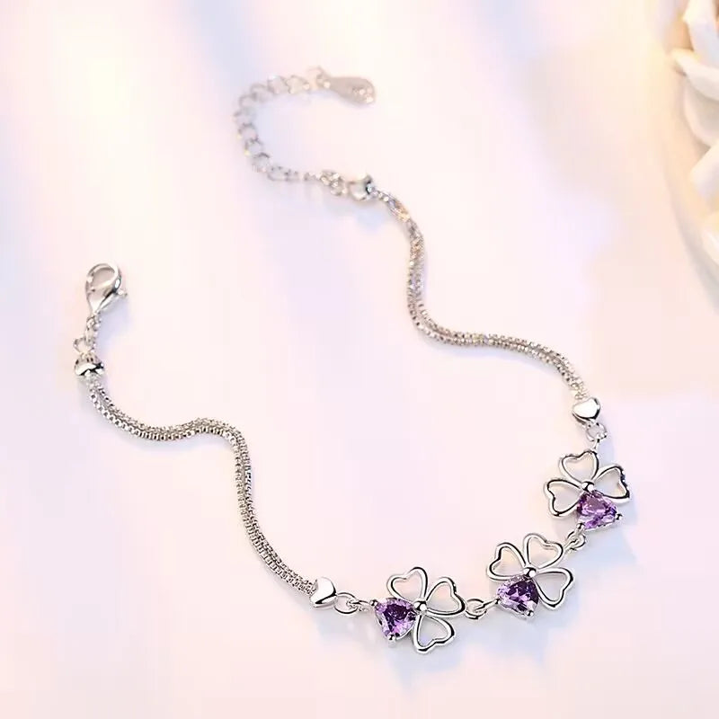 Hot luxury designer 925 Sterling Silver Purple crystal Lucky Clover Bracelets for women fashion party wedding Jewelry 17CM+4CM