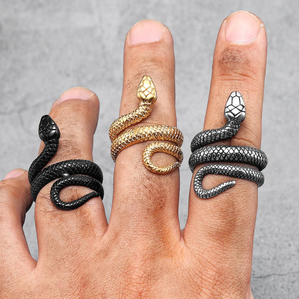 Golden Snake Animal Stainless Steel Mens Rings Punk Hip Hop Unique Trendy For Male Boyfriend Jewelry Creativity Gift Wholesale