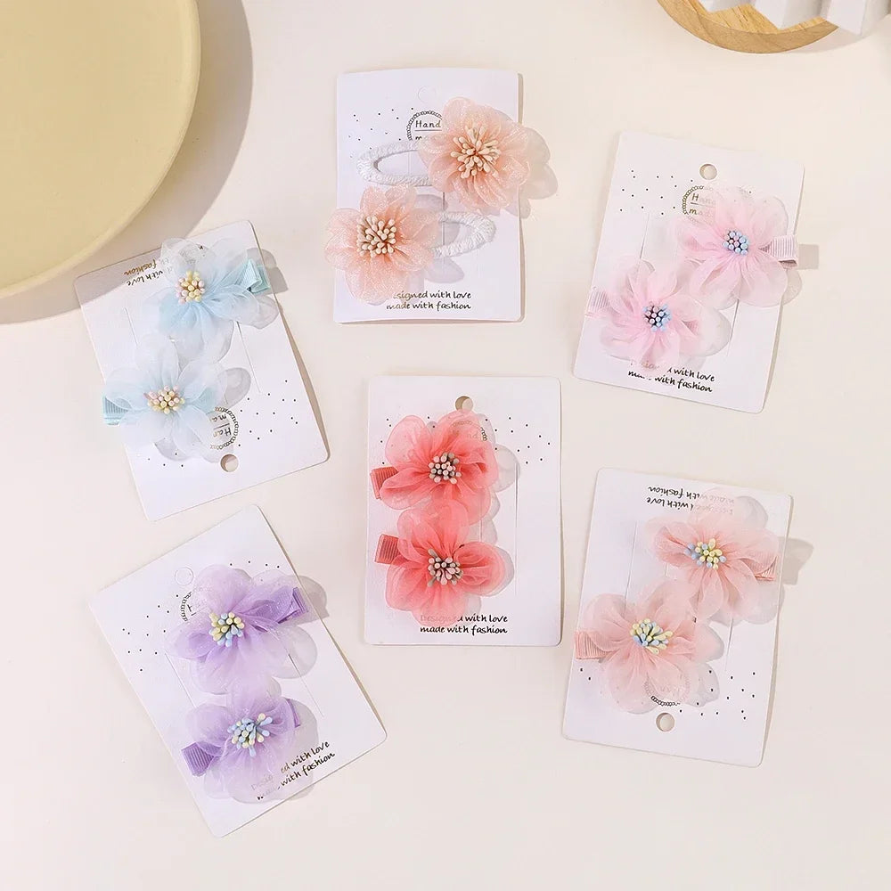 2pcs/set Girls Cute Flower Bow Star Solid Color Safe Nylon &knitting & Mesh Kids Hair Clips  Accessories Hairpins For Children