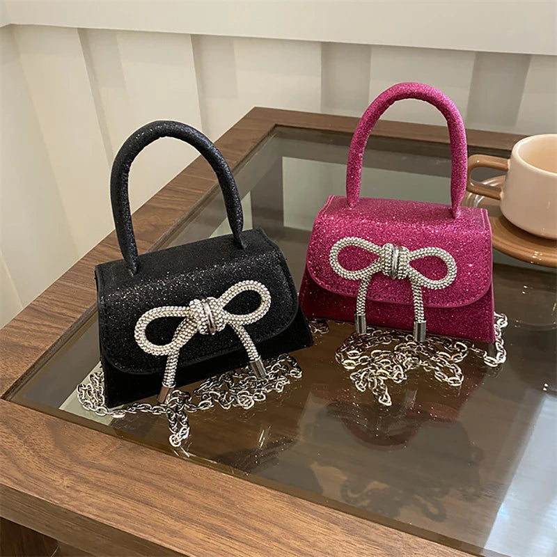 French Light Luxury Diamond Sparkling Mini Handbag Fashion Bowknot Design Chain Crossbody Bag Women's Summer New Night Club Bag