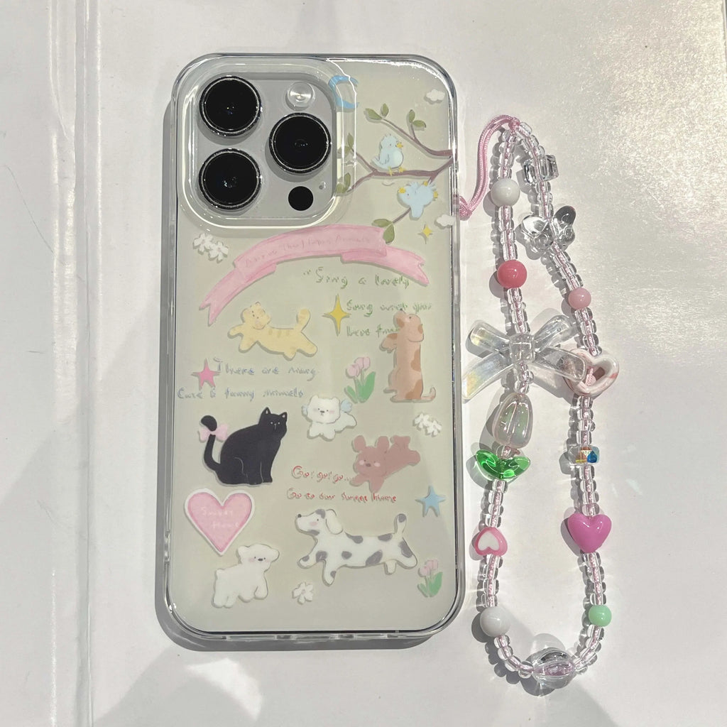 Imd cute animal dog cat bird happy shockproof phone case bracelet cover for iphone 11 12 13 promax 14 15 pro max capa shell