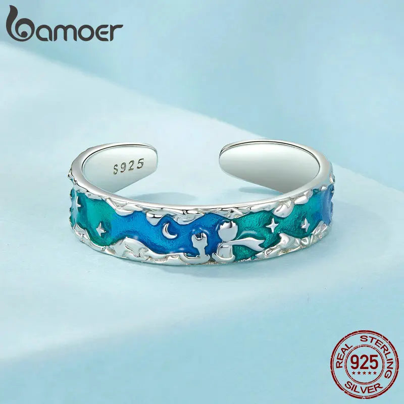 Bamoer 925 sterling silver fairy tale rings, little prince and fox open rings unique cute jewelry gifts for women scr1021