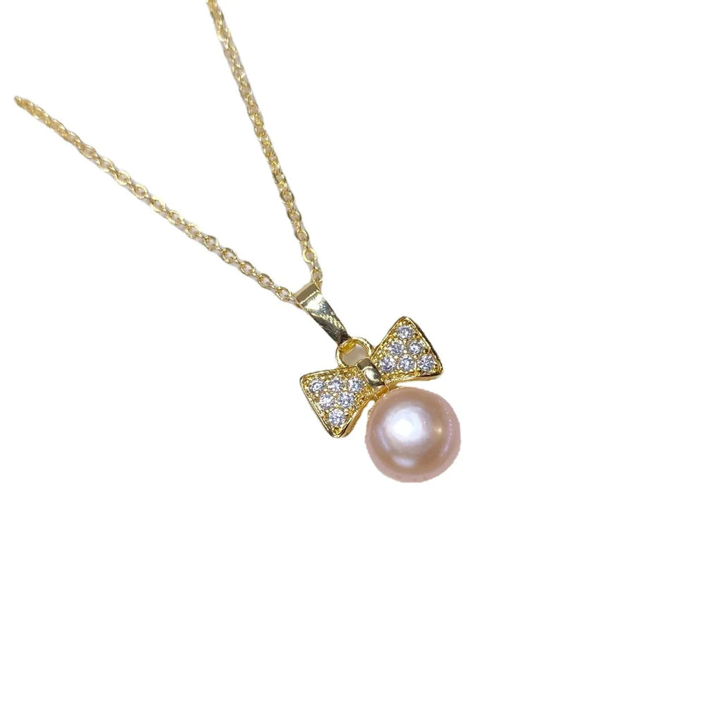one set freshwater pearl pink 6-8mm pendant /earrings/Ring  zircon bowknot pendant