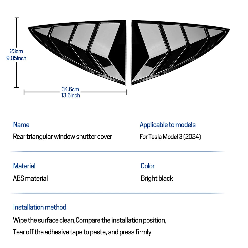 ABS Rear Car Window Shutter Cover For Tesla Model 3 2017-2023 2024 Highland Louver Side Vent Trim Triangle Modified Accessories