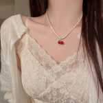 Load image into Gallery viewer, Kiss Jewelry Kpop Summer Red Cherry Leaf Pendant Pearl Beaded Necklace for Women Y2K Korean Fashion Sweet Choker 2023 Trendy
