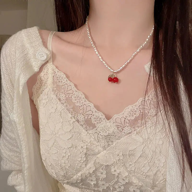 Kiss Jewelry Kpop Summer Red Cherry Leaf Pendant Pearl Beaded Necklace for Women Y2K Korean Fashion Sweet Choker 2023 Trendy