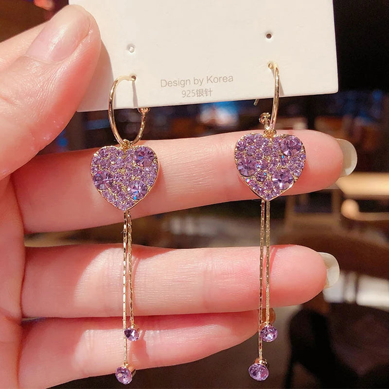 Square Geometry Long Fashion Girl Tassel Flower Purple Rhinestone Earrings Korean Love Heart Wholesale Earring Jewlery For Women