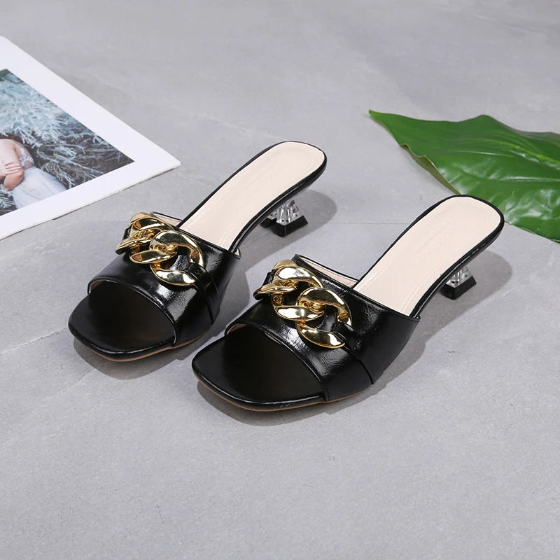 Women Slippers Women's Mules Slides Shoes Female Clear Heels Sandals with Chain Thin Heels Open Toe Outdoor Party Footwear