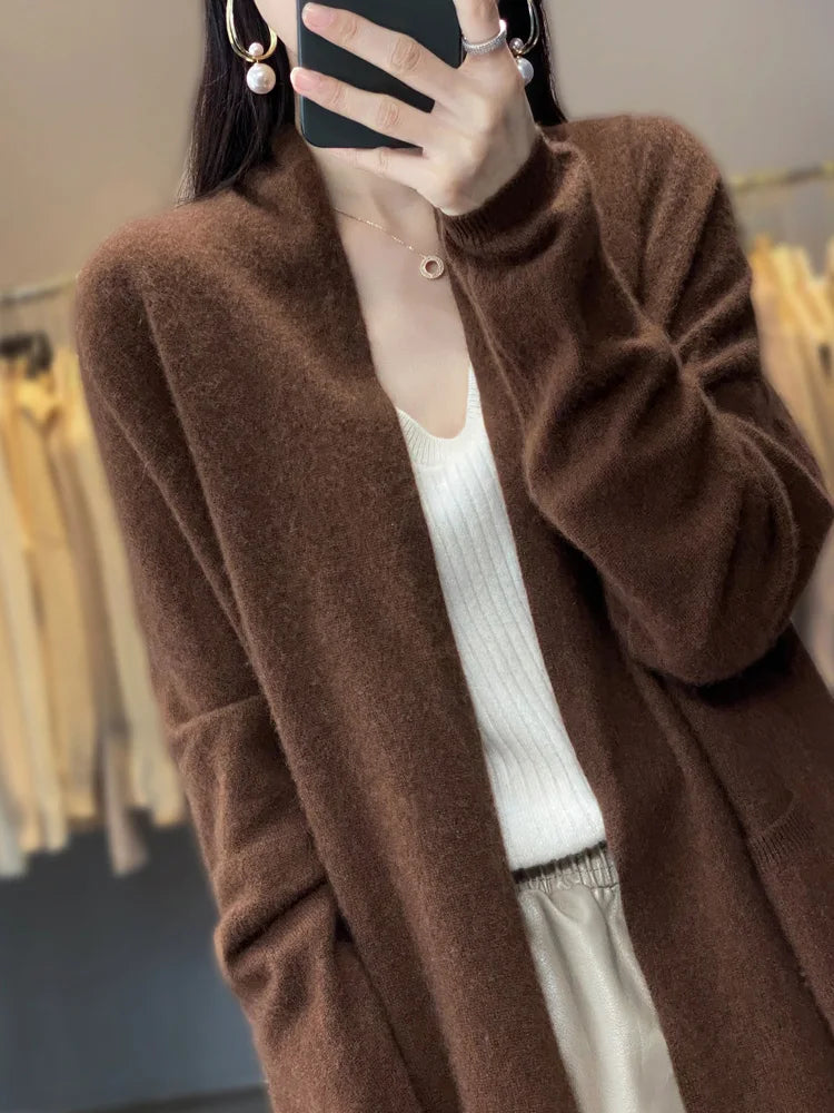 100% Merino Wool Spring Autumn Women's Cardigan Long Sleeve Sweater Solid Color Loose Warm Knitwear Fashion Female Long Coat