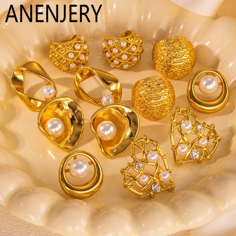 ANENJERY 316L Stainless Steel Imitation Pearls Hollow Heart Round Earrings For Women French Temperament Jewelry Gifts Wholesale