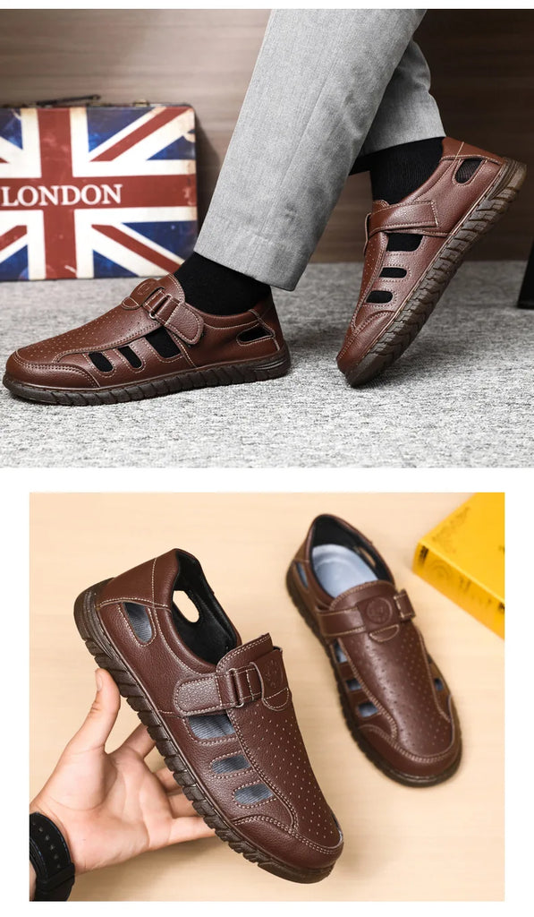 Brand New Fashion Genuine Leather Hollow Out Men Sandals Summer Casual Shoes Breathable Outdoor Slip on Man Sandals Beach Shoes