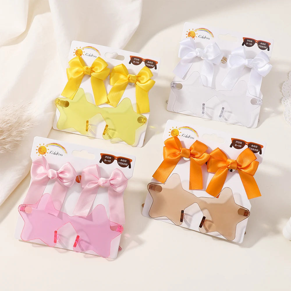 2Pcs/set Kids Summer Round Sunglasses Bows Headband Gift Sets Children Lovely Glasses Protection Hair Accessories for Girls