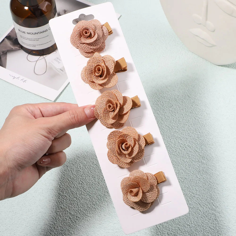 5Pcs/Set Solid Color Sweet Camellia Hair Clips For Kids Girls Flower Hairpins Covered Safety Clips Headwear Hair Accessories