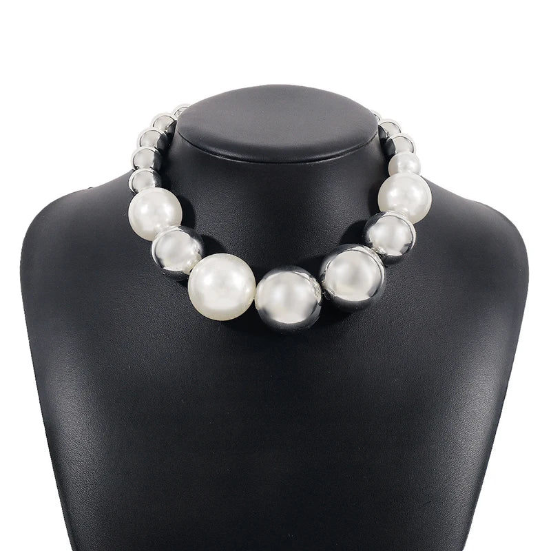 Korean Fashion Colored Pearl Ball Necklace for Women Exaggerated Tassel Hoop Earrings Hip Hop Street Clavicle Chain Jewelry Sets
