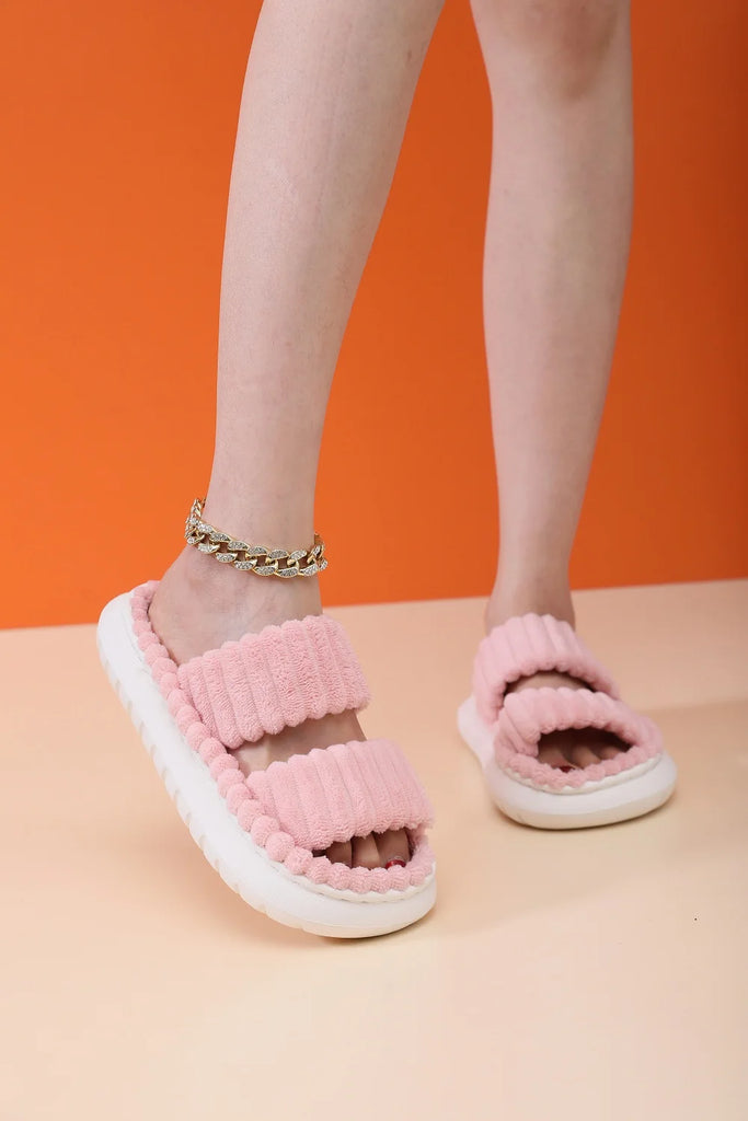 Women Spring Autumn Home Cotton Slippers Ladies Open Indoor Drop Toe Slides New Imitation Rabbit Hair Inside Flat Slippers