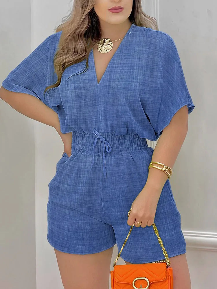 Elegant Women Summer Jumpsuit Casual Short Sleeve V Neck Lace-up Print Romper Jumpsuit Shorts Women's Clothing Overalls Female