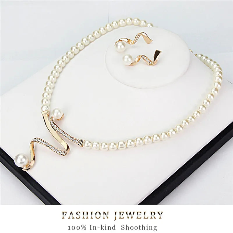 Elegant women bridal wedding party pearl rhinestone necklace earrings jewelry set new fashion