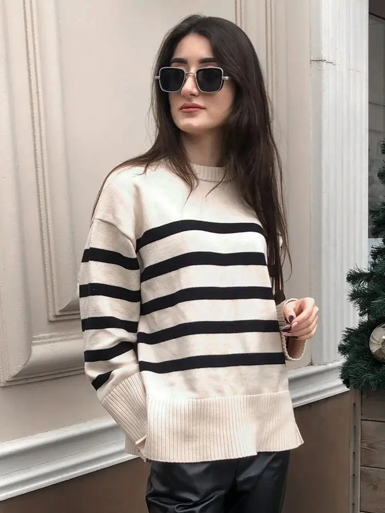 Ladies Striped Knitted Basic Thick Loose Winter Sweater Women Warm Pullover Tops Casual Streetwear Women Sweater Female Jumper