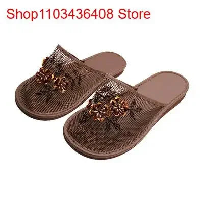 Women Stylish Mesh Floral Slippers Flats Flip Flop Loafers Ladies Mules Fresh Breathable Home Floor Parent-Child Eva Bottom