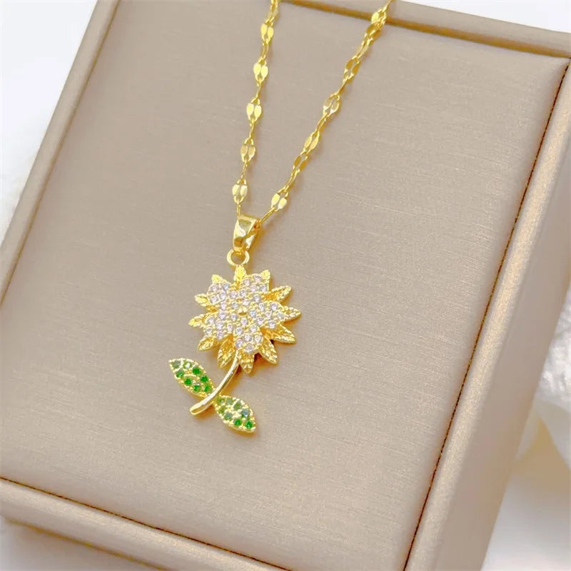 Fashionable and Versatile Micro-set Rotatable Sunflower Stainless Steel Necklace Creative Niche Design Pendant