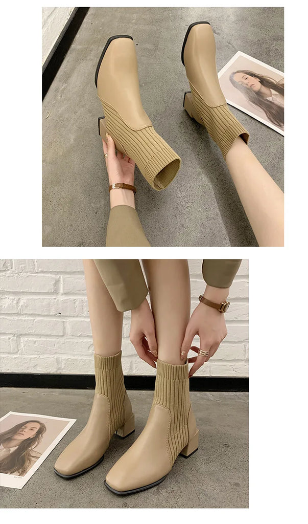 Women's Boots Autumn Winter Footwear Female Shoes 2024 Large Size Rubber Ladies Med Lace-Up Square Toe Sewing PU Ankle Cotton F