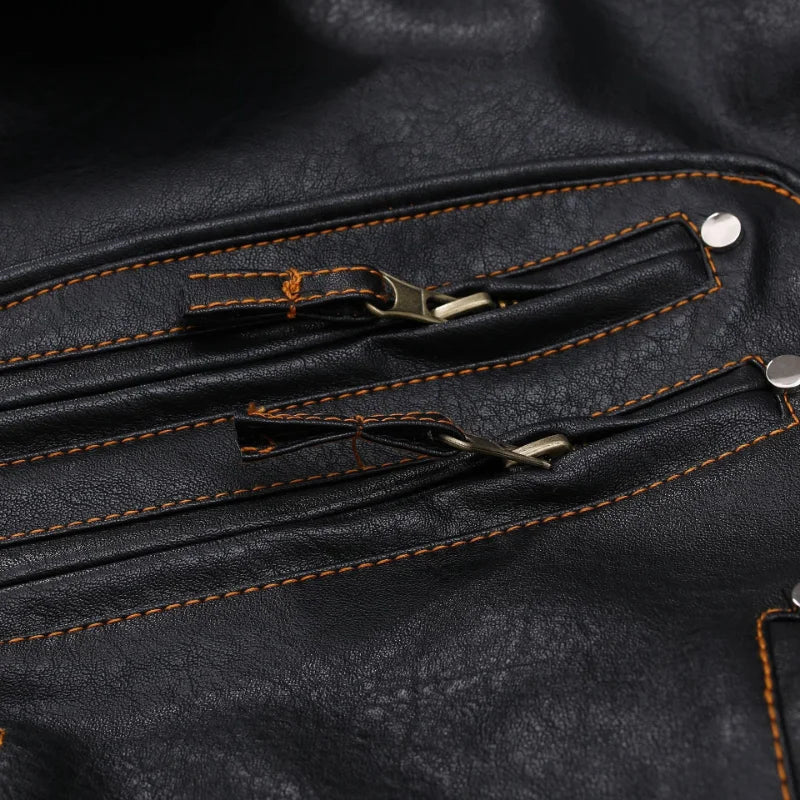 Vintage Motorcycle Multi-zip Jacket With Lapel Pu Leather Multi-pocket Leather Jacket