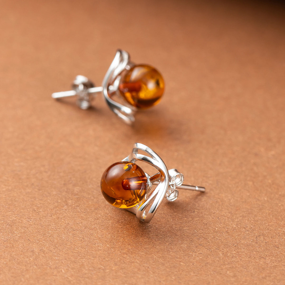 Baltic Round Amber 925 Sterling Silver Flower Ball Earrings for Women - Fashion Natural Baltic Amber Stone Jewelry Wholesale