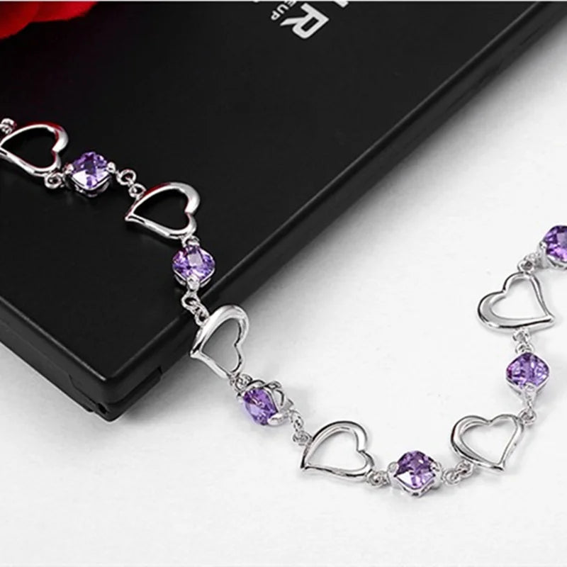 KCRLP Noble 925 Sterling Silver Bracelet Heart Purple Crystal Zircon  For Woman Party Engagement Jewelry